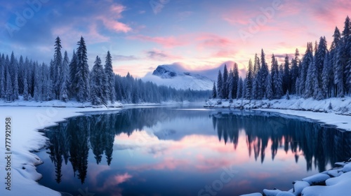 Panorama of winter dawn on a mountain lake with a snowy forest and a mirror reflection in the water © MOUISITON