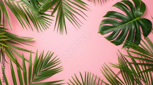 Tropical palm leaves on pink background. Minimal summer concept   premium abstract light pink wall summer background with leaves shadow  Palm tree leaves on pink background. Copy space for text.  