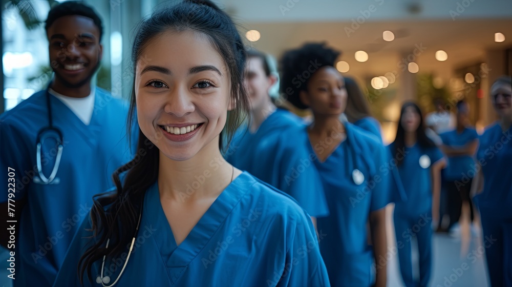 Friendly Multiethnic Medical Students Smiling in Scrubs at University Hospital Lobby. Friendly Multiethnic Medical Students Smiling in Scrubs at University Hospital Lobby.