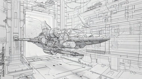 Fototapeta Naklejka Na Ścianę i Meble -  Spaceship Design Blueprint: Architecture Sketch for Construction ProjectHouse Design Blueprint: Architecture Sketch for Construction