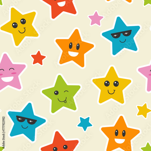 Cute kids star seamless pattern. Bright, fun and playful design with smiling faces. 