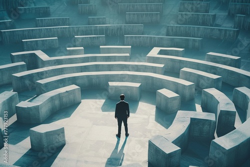 A businessman stands before a large maze