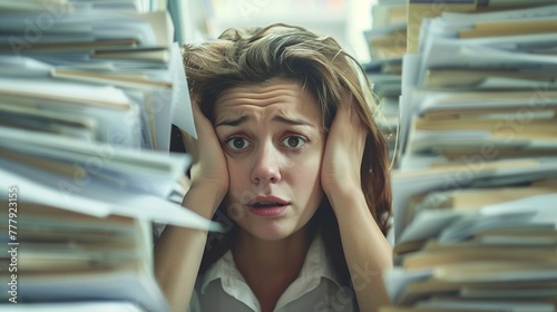 A businesswoman looking stressed and overwhelmed surrounded by towering stacks of paperwork photo