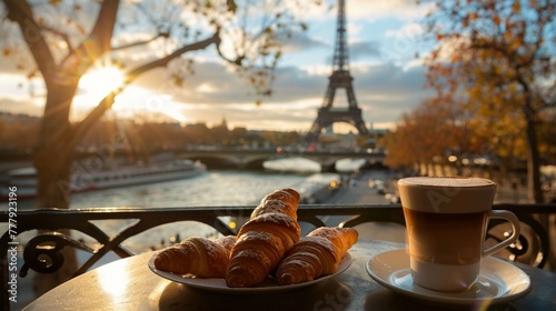 A classic Parisian breakfast featuring croissants and coffee with the Eiffel Tower in the backdrop
