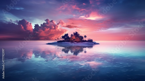 A small island in the middle of the ocean under a sky painted with multiple colors