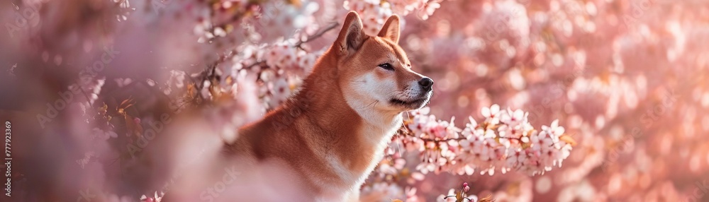 A Shiba Inu dog sits contentedly under blooming cherry blossoms