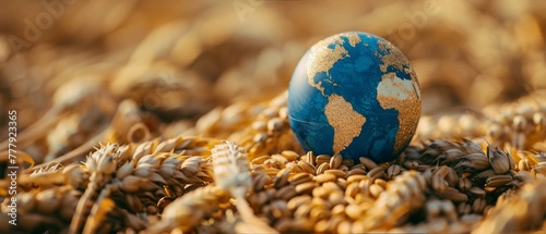 A small globe placed on wheat grains with stalks of wheat