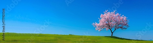 A single cherry blossom tree in full bloom standing in a vibrant green field under a clear blue sky.