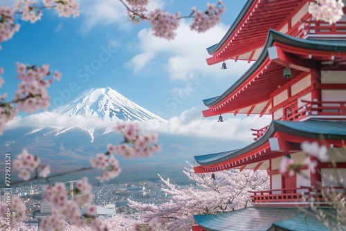 Cherry blossoms in the foreground with the iconic Mount Fuji enveloped in clouds in the backdrop during springtime.