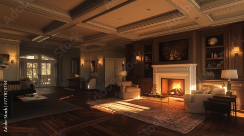 An inviting living space with polished hardwood floors, a beautifully detailed coffered ceiling, and a roaring fire in the fireplace of a new luxury home