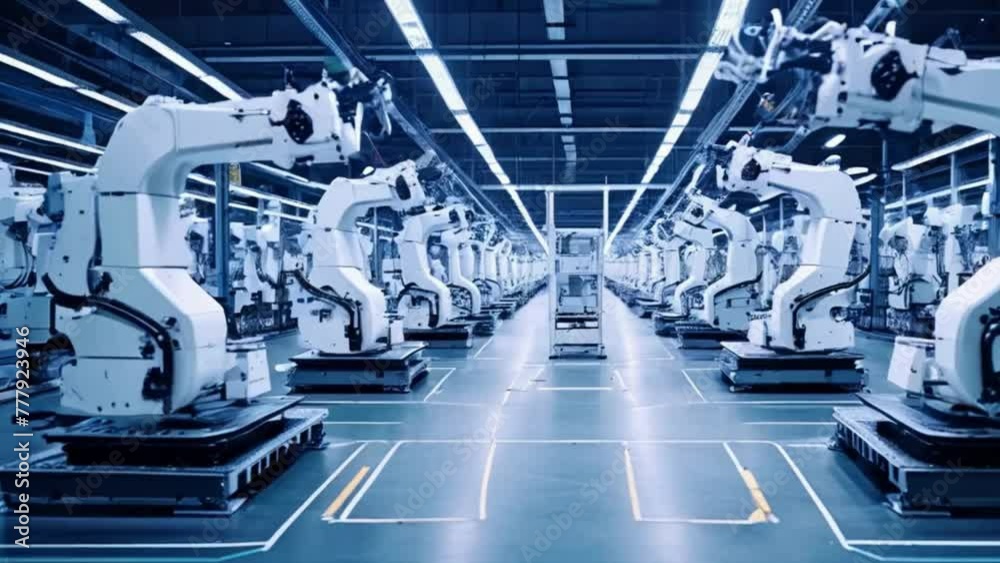 Wideo Stock Timelapse of Automated Production Line with White Robotic
