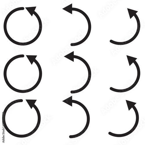 Arrow rotate icons set. Rotation black circle. Collection two cycle arrow. Modern flat simple arrows isolated. Reset signs—arrows vector graphic elements.