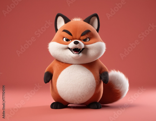 3D render standing angry fat oversized obess fox, isolated in red orange background