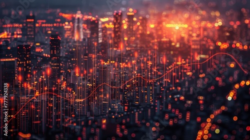 A cityscape with a bright orange sky and a lot of lights