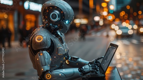 A robot is sitting on a table and using a laptop. The robot is wearing a suit and has a human-like face. The scene is set in a city at night, with lights and cars in the background