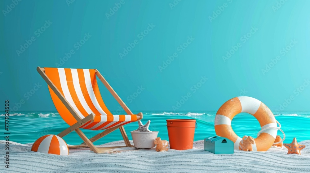 A serene beach scene with a vibrant orange and white lifebuoy, a striped deck chair, and playful sand toys against a calm turquoise sea. A serene beach scene with a vibrant orange and white lifebuoy, a striped deck chair, and playful sand toys against a calm turquoise sea.