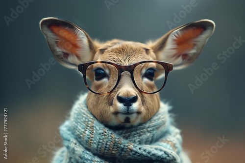 Portrait of a funny deer with glasses and scarf, banner style, copy space, anthropomorphic 