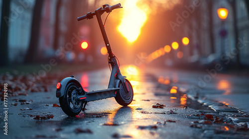 Electric Scooter Parked on Rainy City Street at Dusk photo