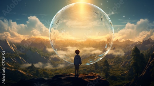 Magical landscape with kid holding bubble
