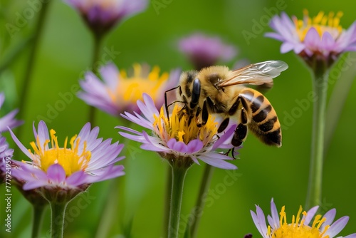 Honey bee collecting nectar from meadow flowers, ecology concept