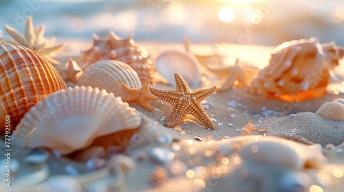 Close-up of assorted seashells and starfish on the beach with sparkling sunlight reflecting on the sea foam. photo