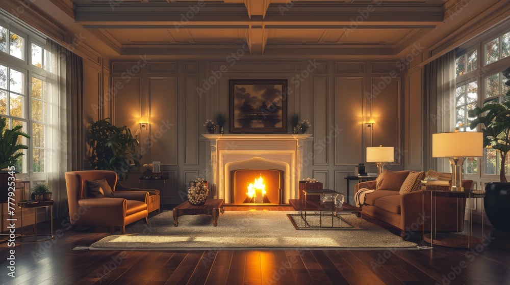 An elegant living room interior featuring rich hardwood floors, a coffered ceiling with intricate detailing, and a roaring fire in the fireplace of a new luxury home An elegant living room interior featuring rich hardwood floors, a coffered ceiling with intricate detailing, and a roaring fire in the fireplace of a new luxury home