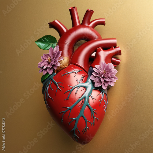 3D render heart anatomy, red floral