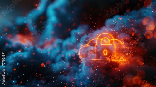 Data cloud with padlock icon floating in the center of it. photo