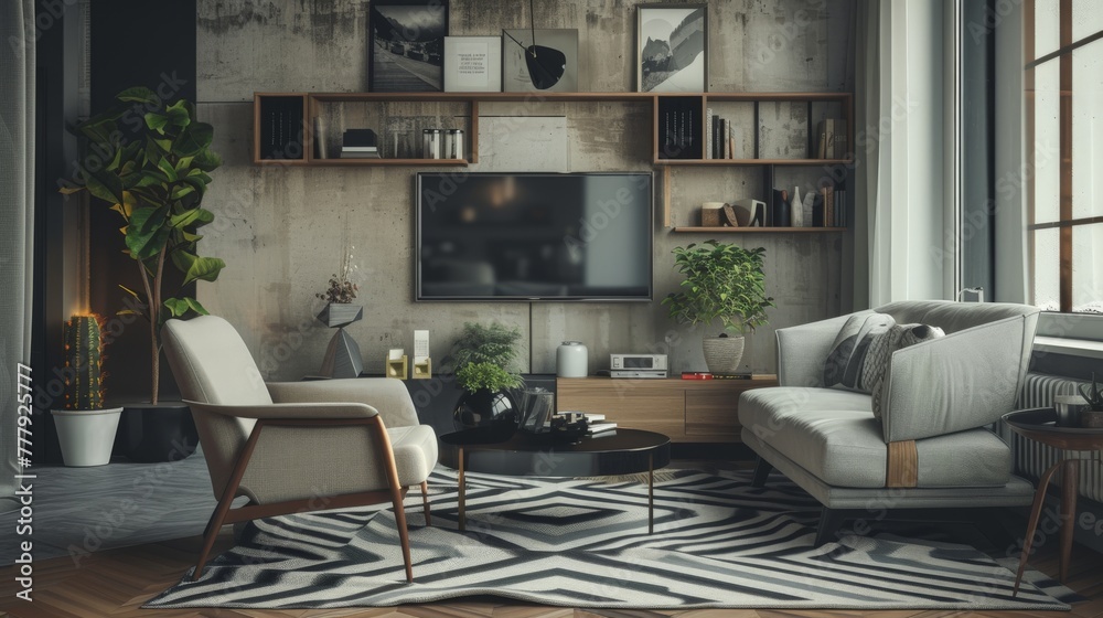 A sophisticated monochrome living room with a blend of textures, from the smooth wooden surfaces to the sleek grey tiling accents, all tied together by a stylish chevron pattern rug, 