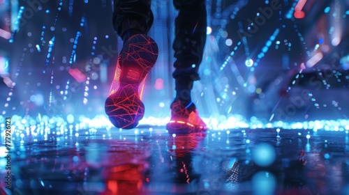 Digital rendering of an AI feet in futuristic shoe representing innovation and artificial intelligence technology.