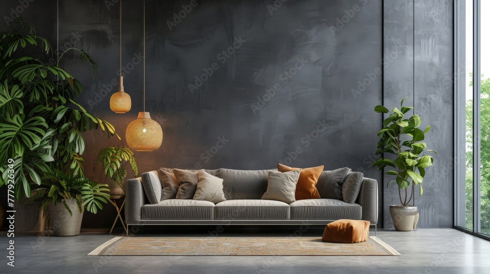 A bright and spacious room with a comfortable sofa, plants, and elegant accessories, creating an inviting and stylish living space A bright and spacious room with a comfortable sofa, plants, and elegant accessories, creating an inviting and stylish living space