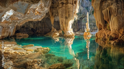 Beautiful view of stalactites and stalagmites in a cave.