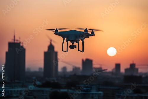 Image Silhouette of drone over buildings, unmanned aircraft system concept