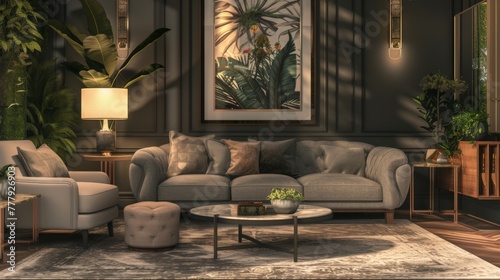 A beautifully decorated living room with a plush grey sofa, stylish armchair, and ambient glowing lamps, exuding a sense of coziness and tranquility perfect for unwinding after a long day © UMAR SALAM