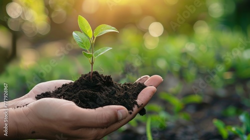 closeup hand of person holding abundance soil with young plant in hand for agriculture or planting peach nature concept.