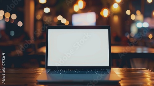 Conceptual workspace, Laptop computer with blank white screen on table, blurred background. photo