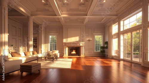 An inviting living space with polished hardwood floors  a beautifully detailed coffered ceiling  and a roaring fire in the fireplace of a new luxury home