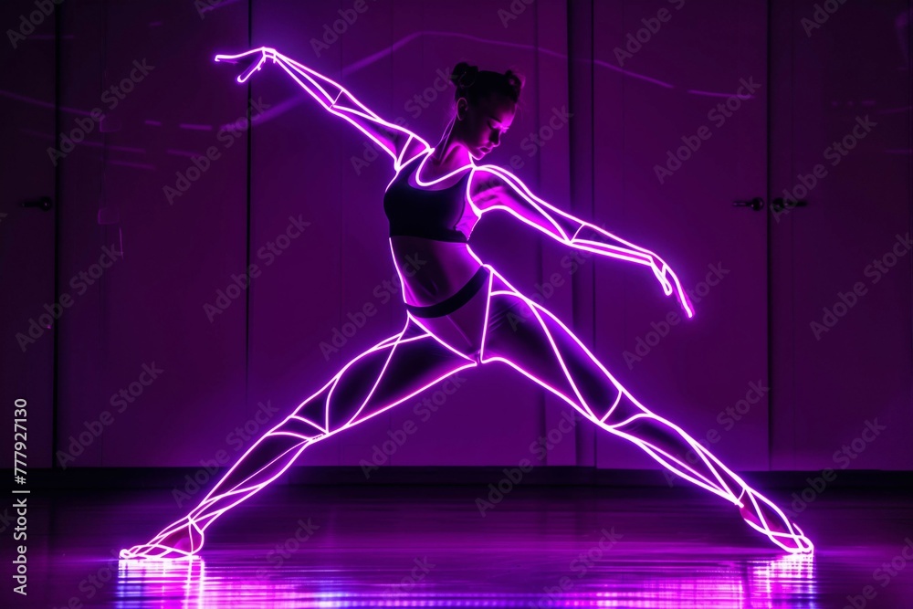 Woman Practicing Yoga in Neon-Lit Room with Geometric Light Patterns