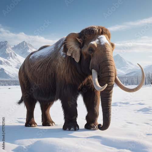 woolly mammoth  ancient animal  elephant or mammoth in snowy place with snow mountain background