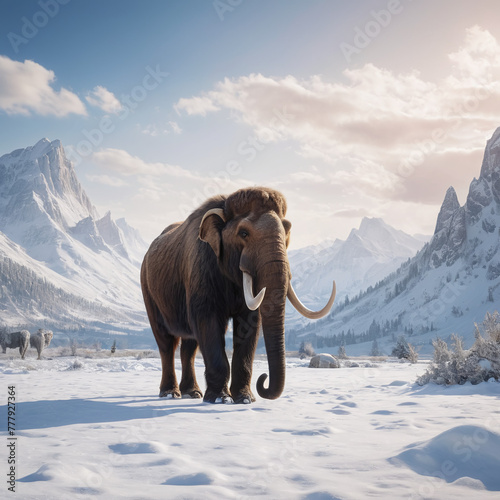 woolly mammoth, ancient animal, elephant or mammoth in snowy place with snow mountain background