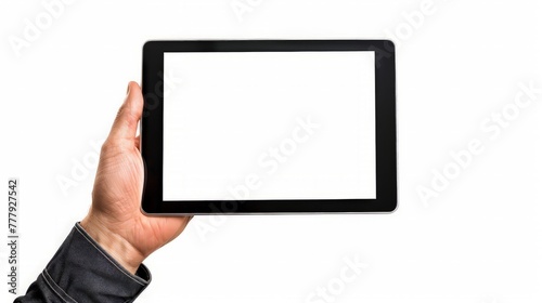 photo of a tablet held by a hand horizontally isolated on white background