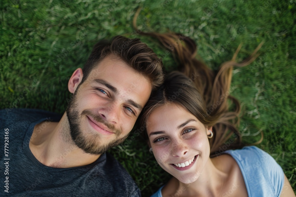 Young happy couple lying on green grass yard in front of new home. Young happy couple lying on green grass yard in front of new home.