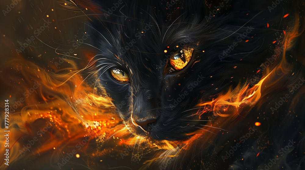 Fototapeta premium Intense Fiery Eyes of a Black Cat with Flame Effects