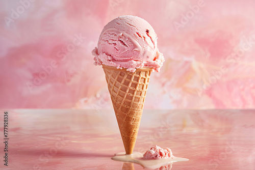 A scoop of pink strawberry ice cream sits atop a chocolate cone, creating a delightful dessert treat The frozen sweet treat is delicious and visually appealing, featuring a bright pink color