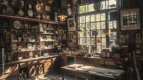 The interior of a pawnbroker's shop, bathed in the soft glow of afternoon sunlight filtering through grimy windows