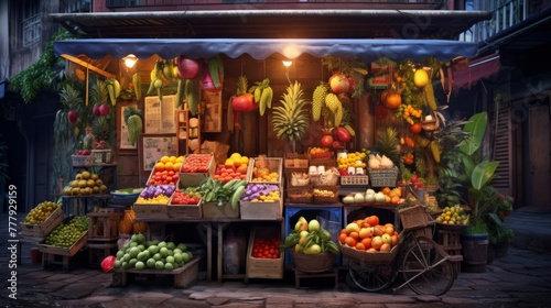 Fruits and vegetables store in the street urban scene 