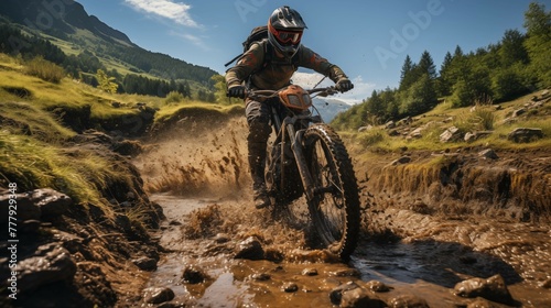 A motorbike racer jumps daringly in a forest race, blending the thrill of motocross with the beauty of mountain biking photo
