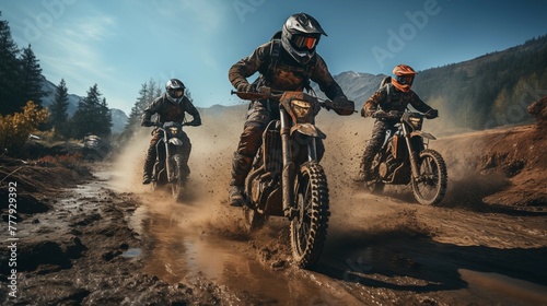 A motorbike racer jumps daringly in a forest race, blending the thrill of motocross with the beauty of mountain biking