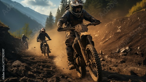 A motorbike racer jumps daringly in a forest race, blending the thrill of motocross with the beauty of mountain biking