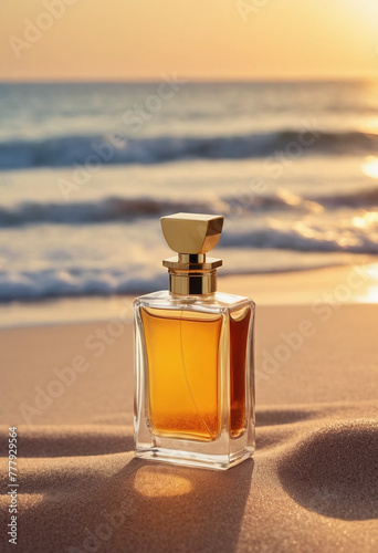 plain perfume bottle on sand in the beach for perfume mockup with beach concept